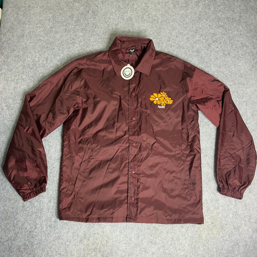 Neff Mens Floral Graphic Coaches Jacket Maroon Burgundy Snap Front Windbreaker L